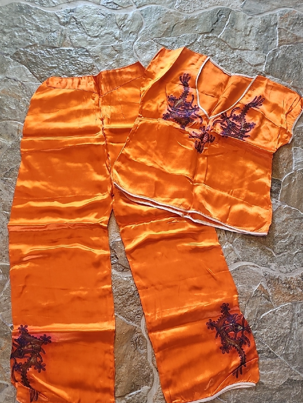 Vintage Orange Satin Embroidered Two-Piece Set